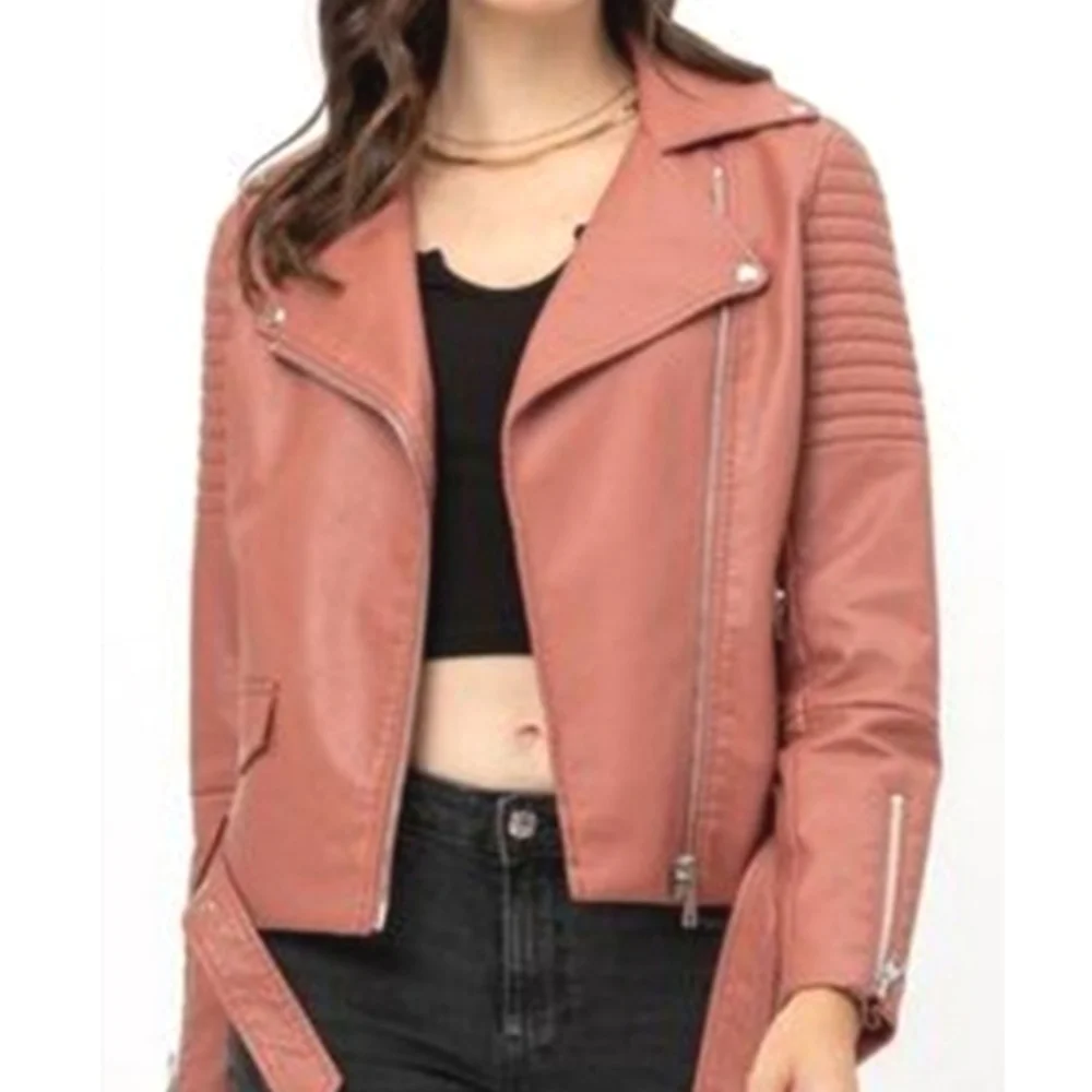 Blush Pink Faux Leather Moto Jacket, Asymmetrical Zip Biker Jacket, New with Tag